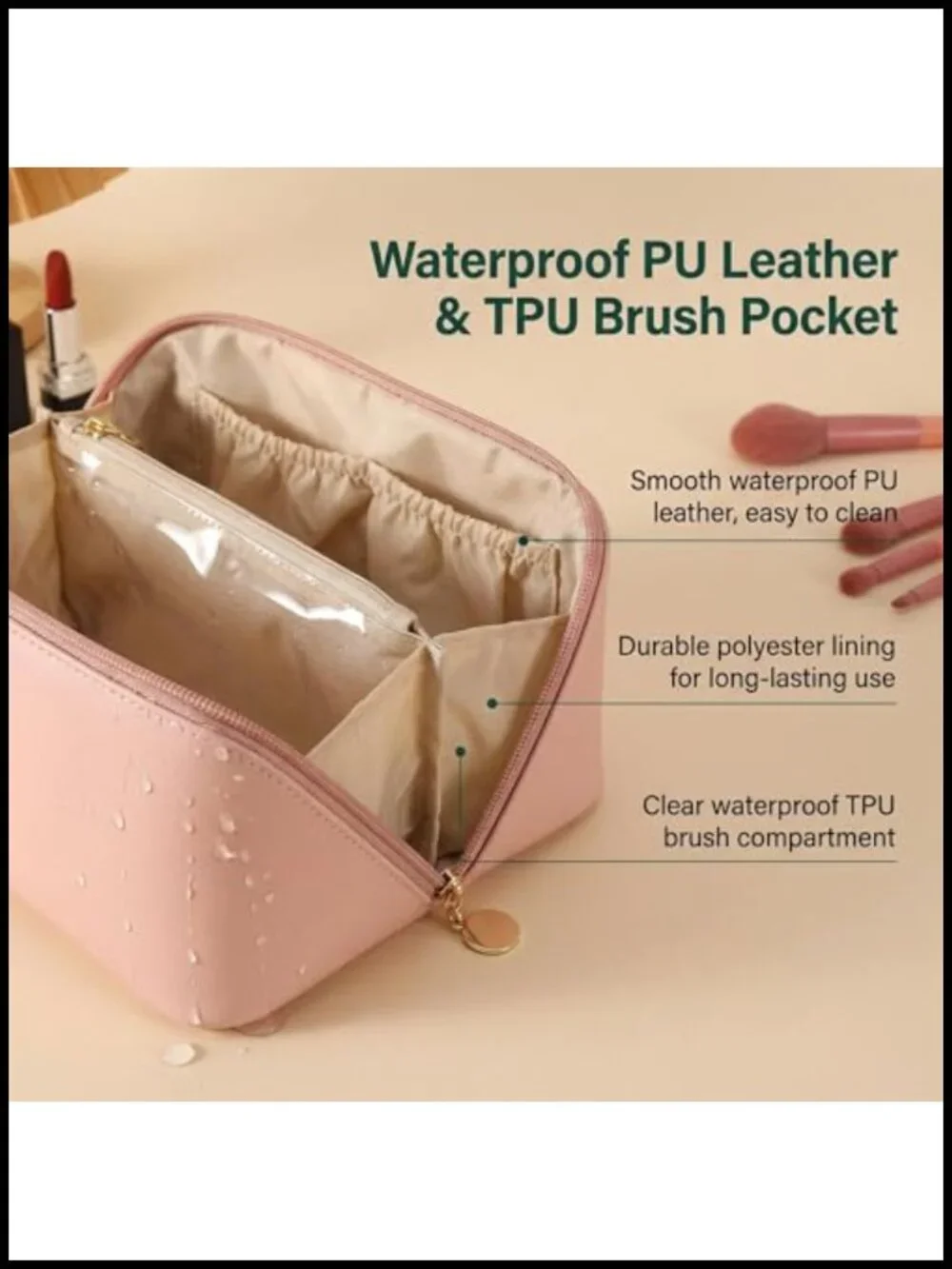 Large Capacity Travel Cosmetic Bag for Women, PU Leather Waterproof Makeup